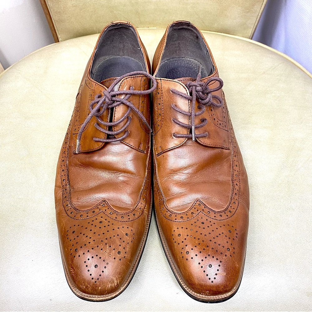 Asher Green Cognac Genuine Leather Perforated Wingtip Oxford Lace Up Dress Shoes